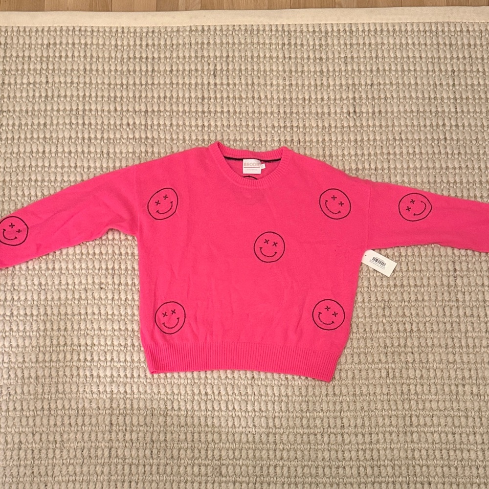 NWT BRODIE Pink Cashmere Smiley Face Women's Sweater